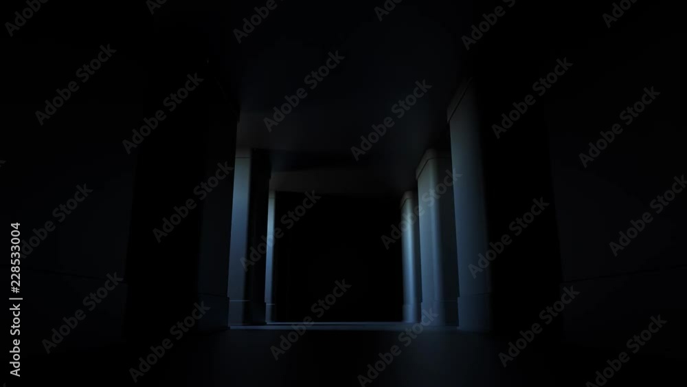 3d render abstract background. Simple corridor with lighting up segments. Loopable animation of light off and on. 