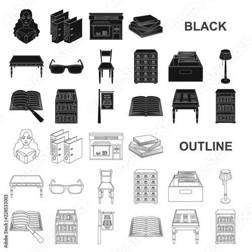 Library and bookstore black icons in set collection for design. Books and furnishings vector symbol stock web illustration.