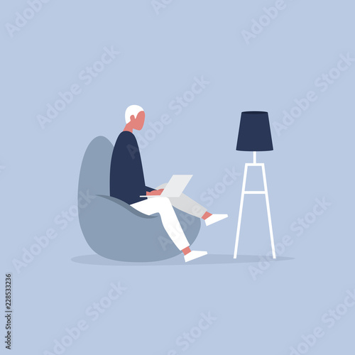Office furniture. Young manager sitting on the bean bag chair. Daily life. Flat editable vector illustration, clip art