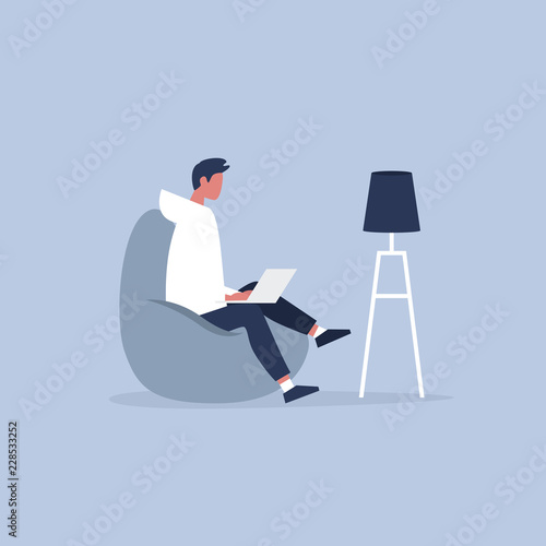 Office furniture. Young manager sitting on the bean bag chair. Daily life. Flat editable vector illustration, clip art