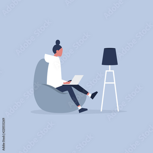 Office furniture. Young female manager sitting on the bean bag chair. Daily life. Flat editable vector illustration, clip art