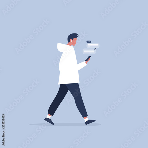 Young male character holding a smartphone. New technologies. Messenger. Pop up windows. Flat editable vector illustration, clip art
