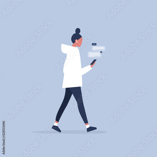 Young female character holding a smartphone. New technologies. Messenger. Pop up windows. Flat editable vector illustration, clip art