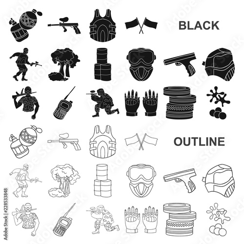 Paintball, team game black icons in set collection for design. Equipment and outfit vector symbol stock web illustration.
