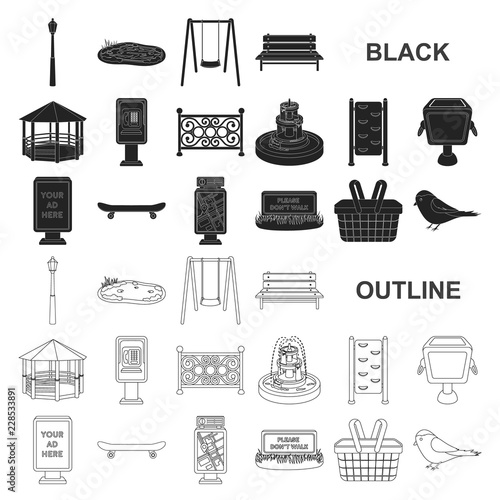 Park, equipment black icons in set collection for design. Walking and rest vector symbol stock web illustration.