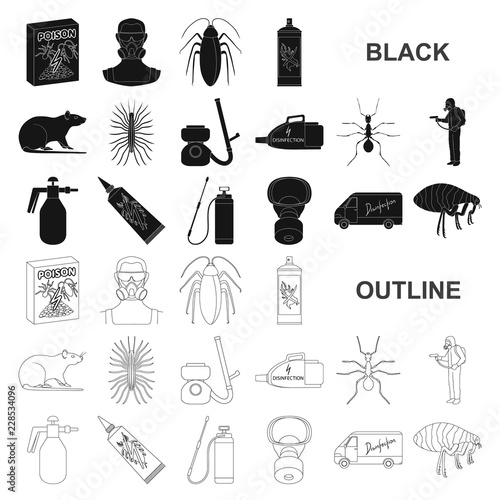 Pest, poison, personnel and equipment black icons in set collection for design. Pest control service vector symbol stock web illustration.