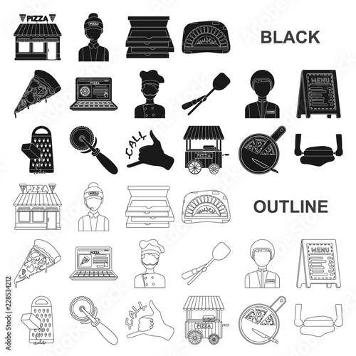 Pizza and pizzeria black icons in set collection for design. Staff and equipment vector symbol stock web illustration.