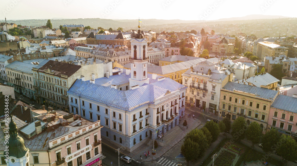 Chernivtsi city from above Western Ukraine. Top view of City council on sunset.