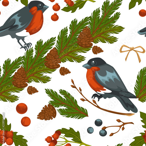 Merry Christmas bullfinch bird and mistletoe symbol seamless pattern isolated on white background vector.