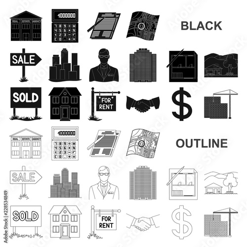 Realtor, agency black icons in set collection for design. Buying and selling real estate vector symbol stock web illustration. photo