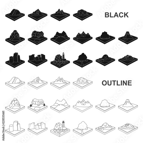 Mountains, massive black icons in set collection for design. The surface of the earth vector isometric symbol stock web illustration.