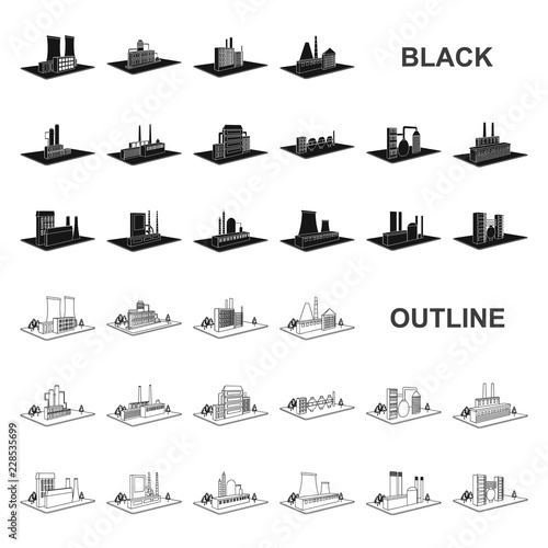 Factory and plant black icons in set collection for design. Production and enterprise vector isometric symbol stock web illustration.