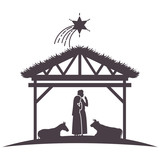 virgin mary and joseph in stable with animals silhouettes