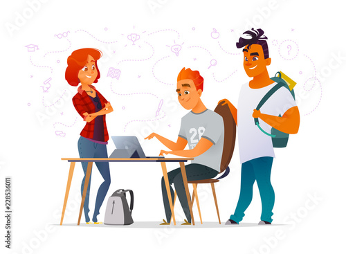 Students' characters discuss homework or school assignments or problems.