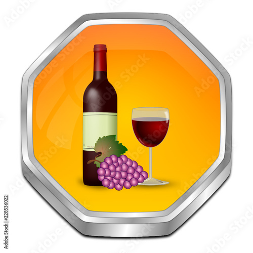 Button with wine bottle, a glass of wine and Grapes - 3D illustration