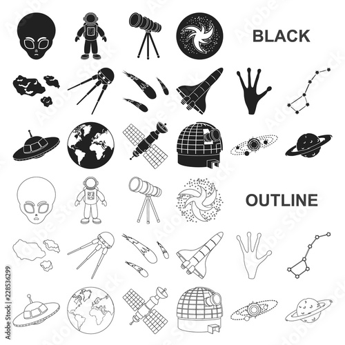Space technology black icons in set collection for design.Spacecraft and equipment vector symbol stock web illustration.