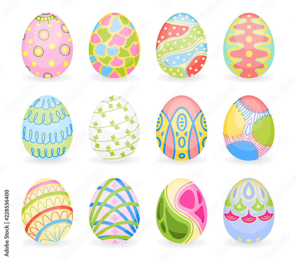 Set of colored eggs for Easter holiday. Painted eggs as traditional Easter symbols