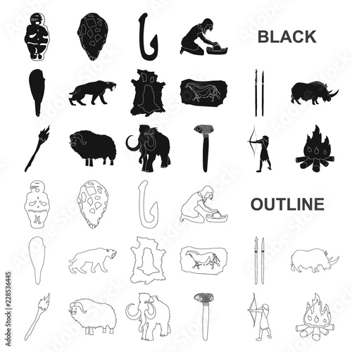 Life in the Stone Age black icons in set collection for design. Ancient people vector symbol stock web illustration.