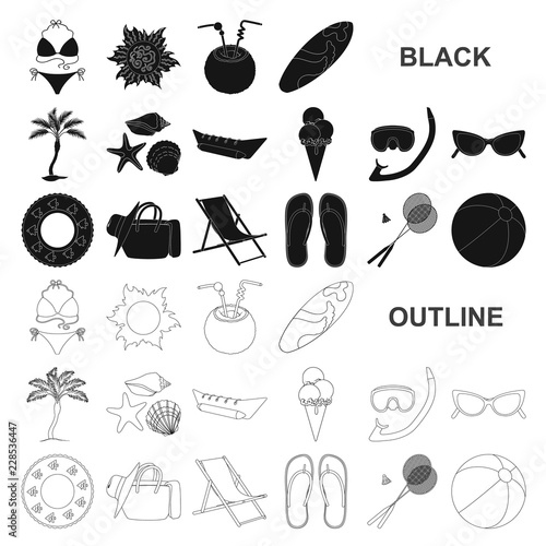 Summer rest black icons in set collection for design. Beach accessory vector symbol stock web illustration.