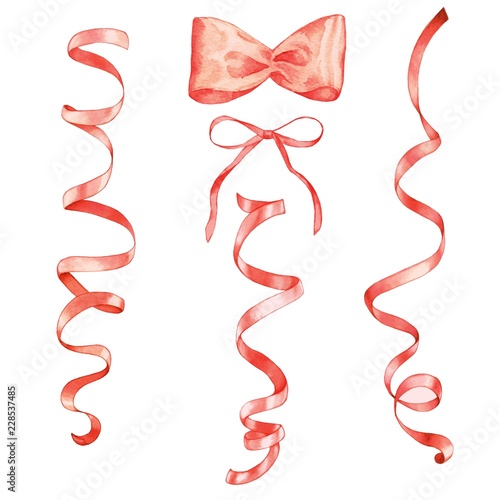 Obraz na płótnie Set of satin ribbons and bows. Watercolor painting. Handmade drawing