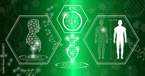 abstract background technology concept in green light,human body heal,technology modern medical science in future and global international medical with tests analysis clone DNA human