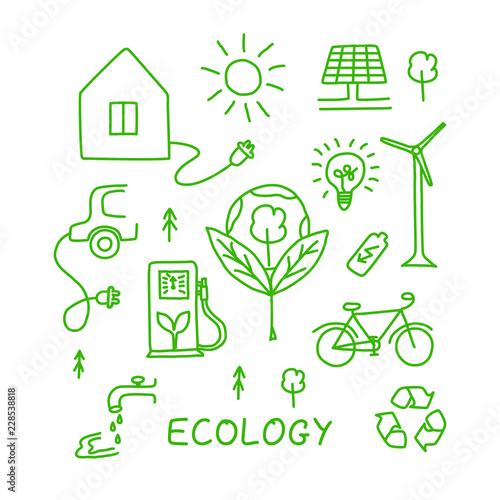 Set of hand drawn ecology symbols with house, wind power plant, solar power plant, sun, lamp, e-car, bike, gas station, water, batery, trees and lettering. Vector illustration.