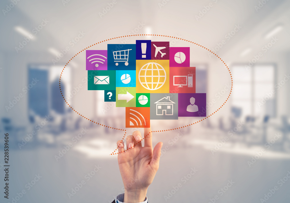 Modern office interior and close of businesswoman hand choosing Modern office interior and close of businesswoman hand choosing