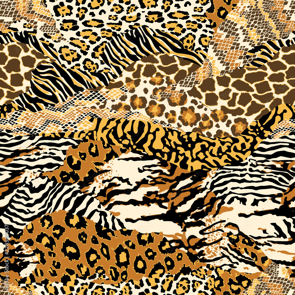 Wild animal skins abstract patchwork wallpaper seamless vector pattern  Stock Vector | Adobe Stock