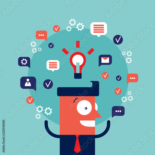 Happy excited businessman with bright idea and business icons Vector illustration