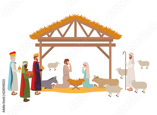 holy family in stable with wise kings manger
