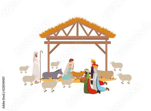 holy family in stable with wise kings manger