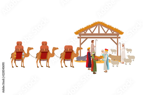 holy family in stable with wise kings manger