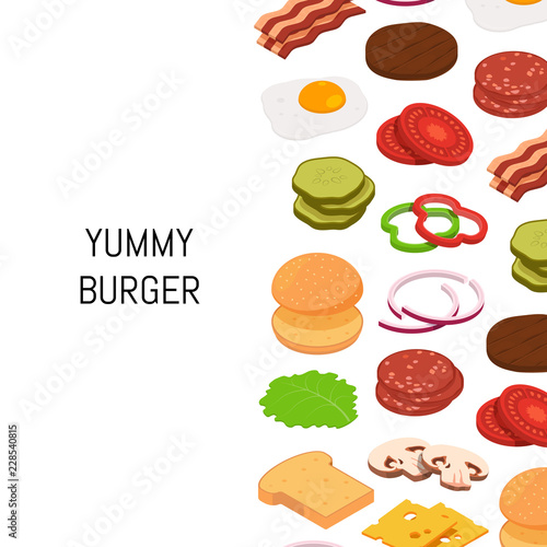 Vector isometric burger ingredients background with place for text illustration