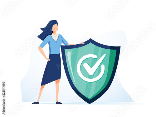 Woman is holding a shield covering from attacks. Protection, insurance, from business dangers concept.