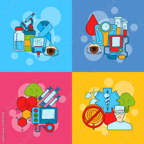 Vector colored diabetes icons infographic concept illustration. Set of banner and poster flat