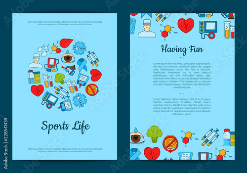 Vector colored diabetes icons card or flyer template illustration. Banner or poster