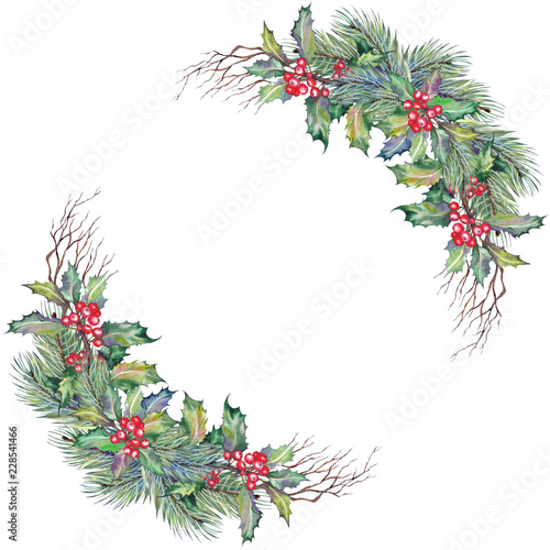 Christmas border with red holly berries, leaves, pine branches and dry twigs. Watercolor on white background.