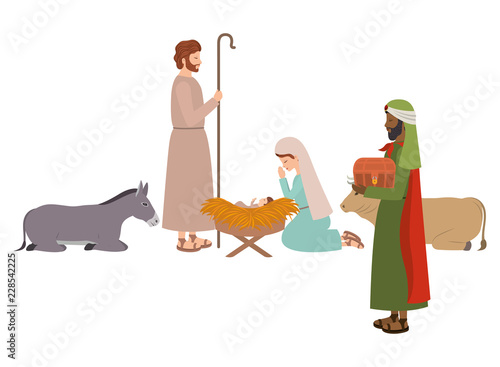 holy family with wise man and animals