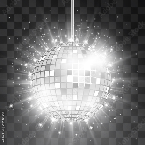 Retro silver disco ball vector, shining club symbol of having fun, dancing, dj mixing, nostalgic party, entertainment. Illustration on transparent background. Rays of light reflect in mirror surface.
