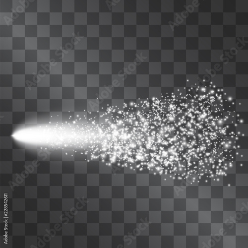 Water spray, air pulverizer isolated on transparent background. Diffusing moisture stream. Realistic vector haze for perfume, cosmetic ads. Magical sparkling glitter fog cloud. Fairy tale powder.