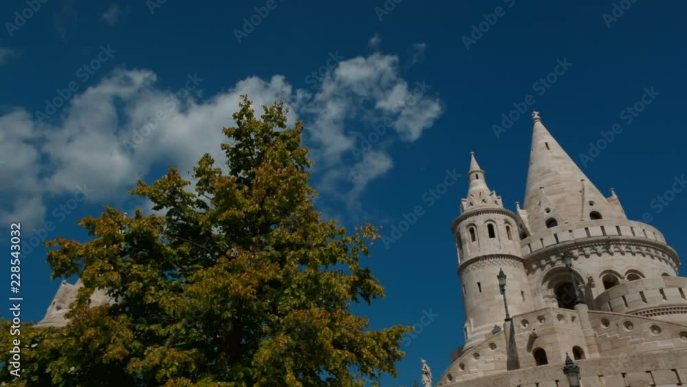 Wide angle shot of the intricate detail of the towers of Fishermans Bastion in Budapest, Hungary on a sunny day Wide angle shot of the intricate detail of the towers of Fishermans Bastion in Budapest, Hungary on a sunny day