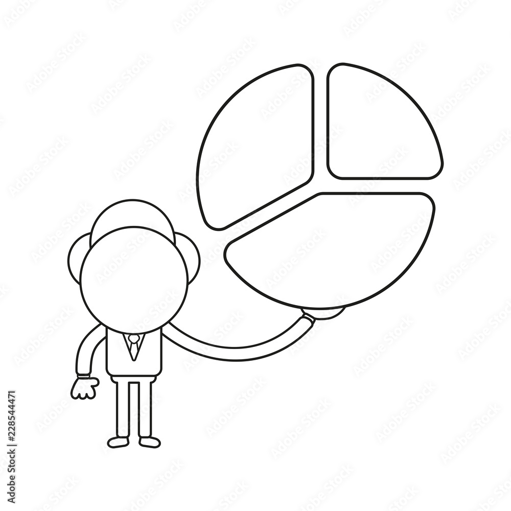 Vector illustration of businessman character holding three parts diagram. Black outline.