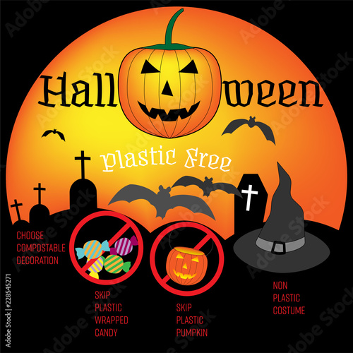 Typographic design with composition of halloween outline flat symbols. Plastic free halloween concept. Vector illustration.