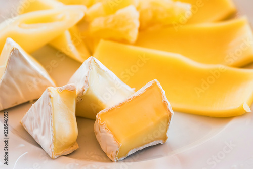 Sliced white mold cheese on plate close