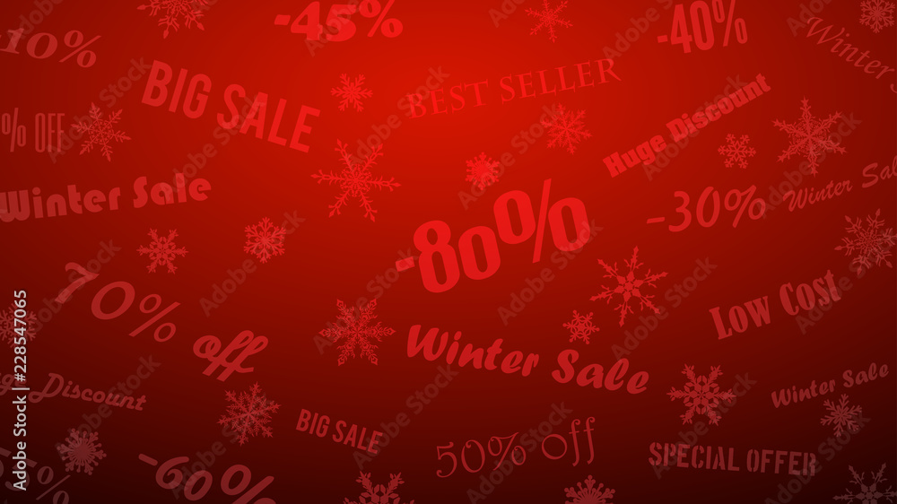 Background on winter discounts and special offers, made of snowflakes and inscriptions, in red colors Background on winter discounts and special offers, made of snowflakes and inscriptions, in red colors