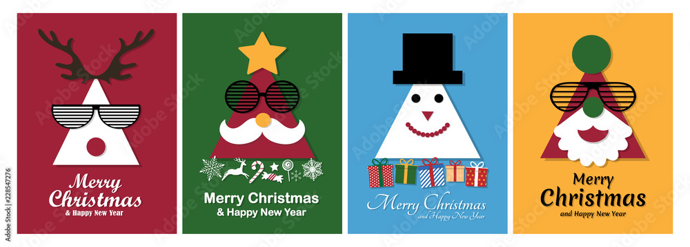 Fototapeta premium Merry Christmas and Happy New Year on colorful background. Greeting Card of cartoon element Xmas. Vector Illustration.