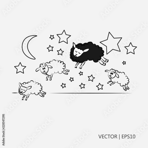 Vector illustration. Four sheeps jumping. Black sheep. Counting sheep to sleep. Night with stars and moon. Sketch. Drawing for children. Flat icon