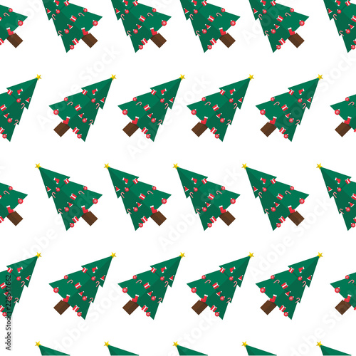 Seamless pattern vector of christmas tree with the decorates. On white background, isolated.