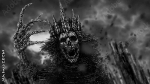 Dark queen with crown pulls bony hand. 2D animation in horror fantasy genre. Gothic cruel woman with evil eyes. Demon face turns into skull. Animated video clip nightmares for Halloween. Scary movie. photo