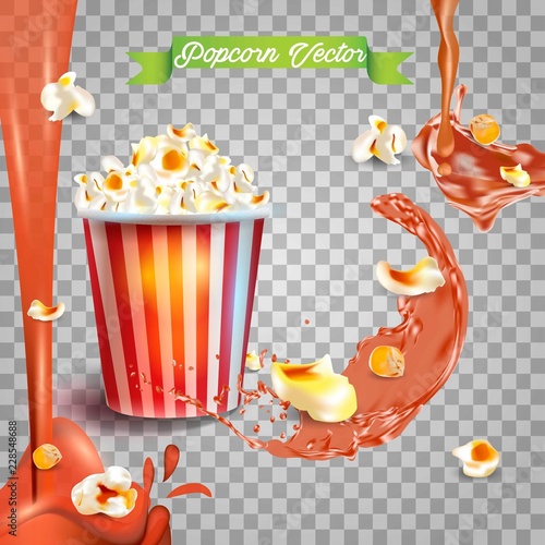 Popcorn spilled caramel icons on a transparent background. Vector illustration